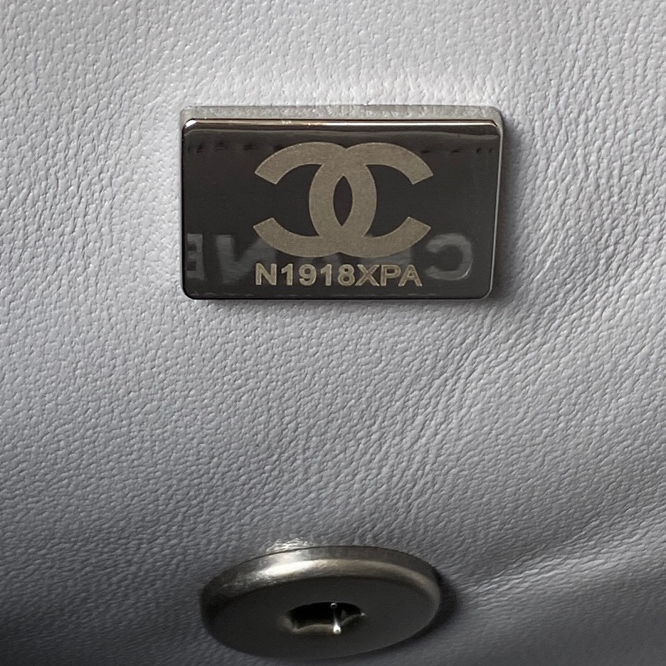 CHANEL MINI FLAP BAG SHINY CALFSKIN & SILVER-Tone METAL LIGHT GRAY 5.3 × 6.6 × 3.1 in