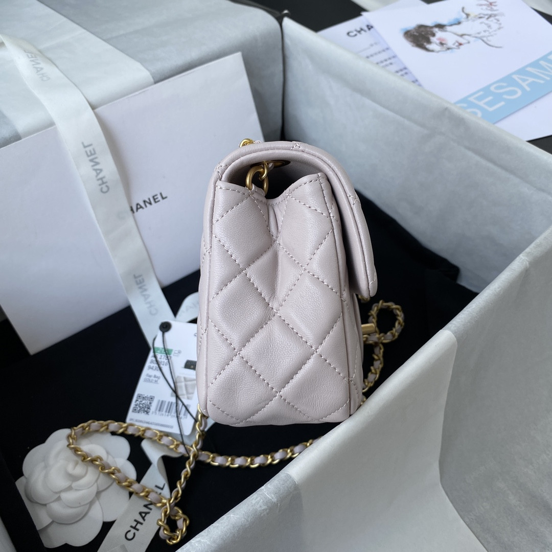 CHANEL MINI FLAP BAG SHINY CALFSKIN & gold-TONE METAL LIGHT pink 4.7 × 7.8 × 2.3 in