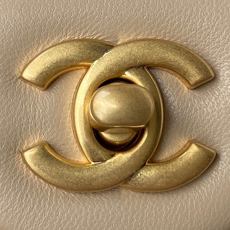 CHANEL MINI FLAP BAG SHINY CALFSKIN & Gold-Tone METAL Beige 5.3 × 6.6 × 3.1 in