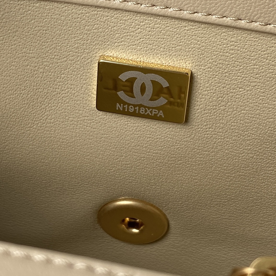 CHANEL MINI FLAP BAG SHINY CALFSKIN & Gold-Tone METAL Beige 5.3 × 6.6 × 3.1 in