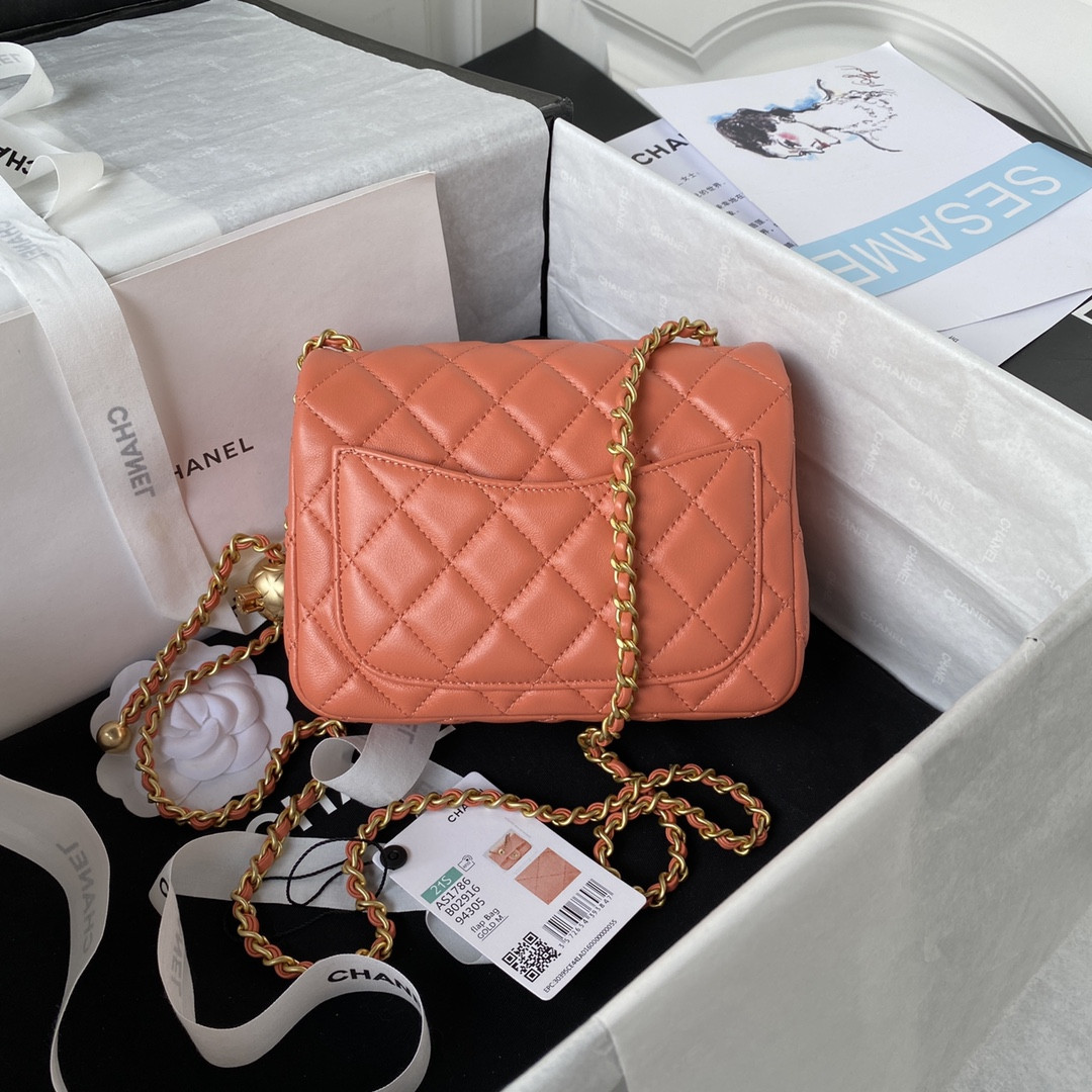 CHANEL MINI FLAP BAG SHINY CALFSKIN & Gold-Tone METAL ORANGE 5.3 × 6.6 × 3.1 in