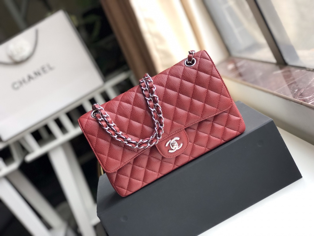 CHANEL CLASSIC HANDBAG GRAINED CALFSKIN & SILVER-TONE METAL red 6 × 9.9 × 2.5 in