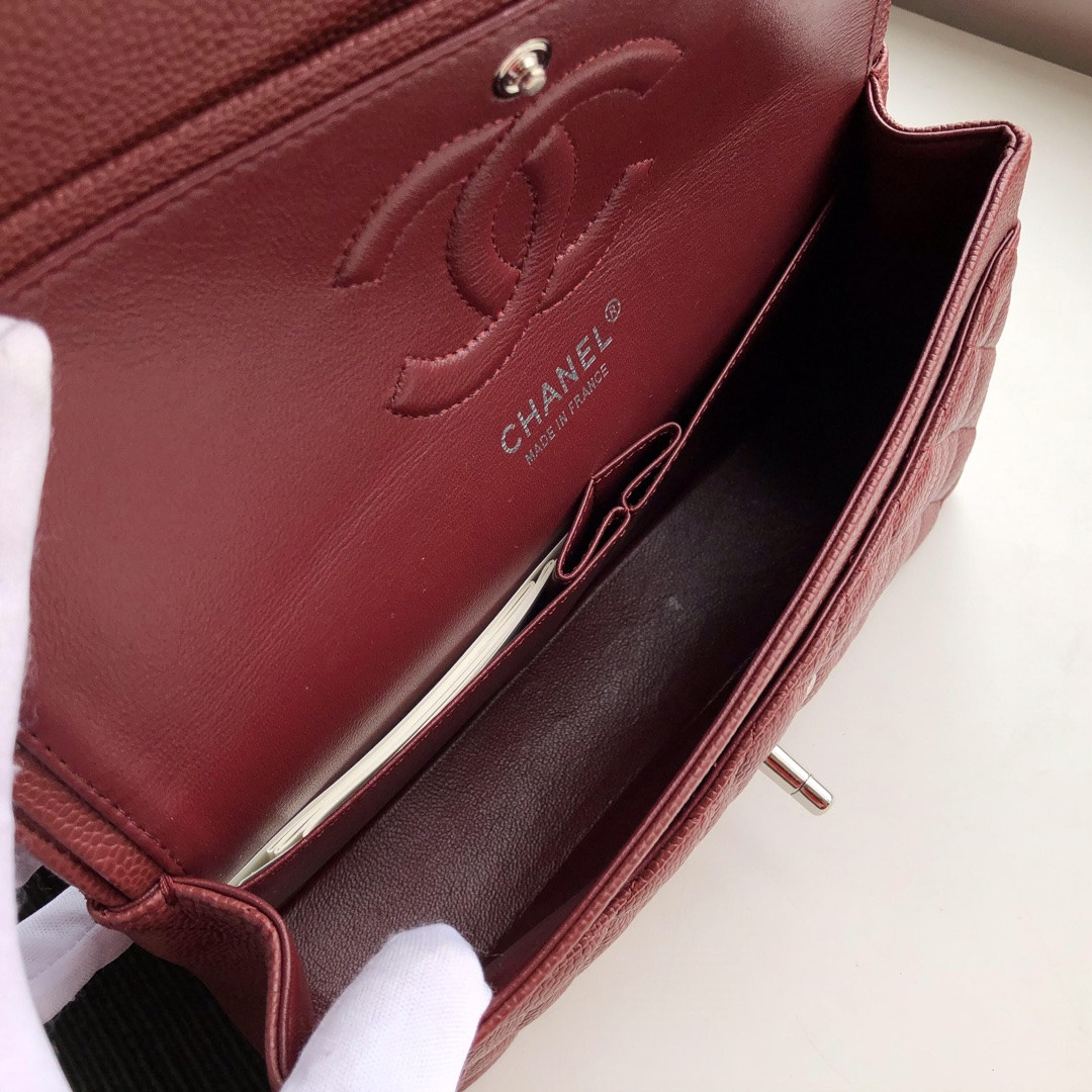 CHANEL CLASSIC HANDBAG GRAINED CALFSKIN & SILVER-TONE METAL red 6 × 9.9 × 2.5 in