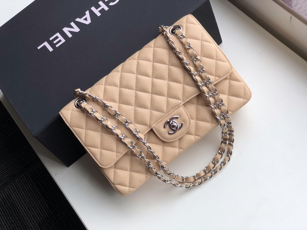 CHANEL CLASSIC HANDBAG GRAINED CALFSKIN & SILVER-TONE METAL COFFEE 6 × 9.9 × 2.5 in