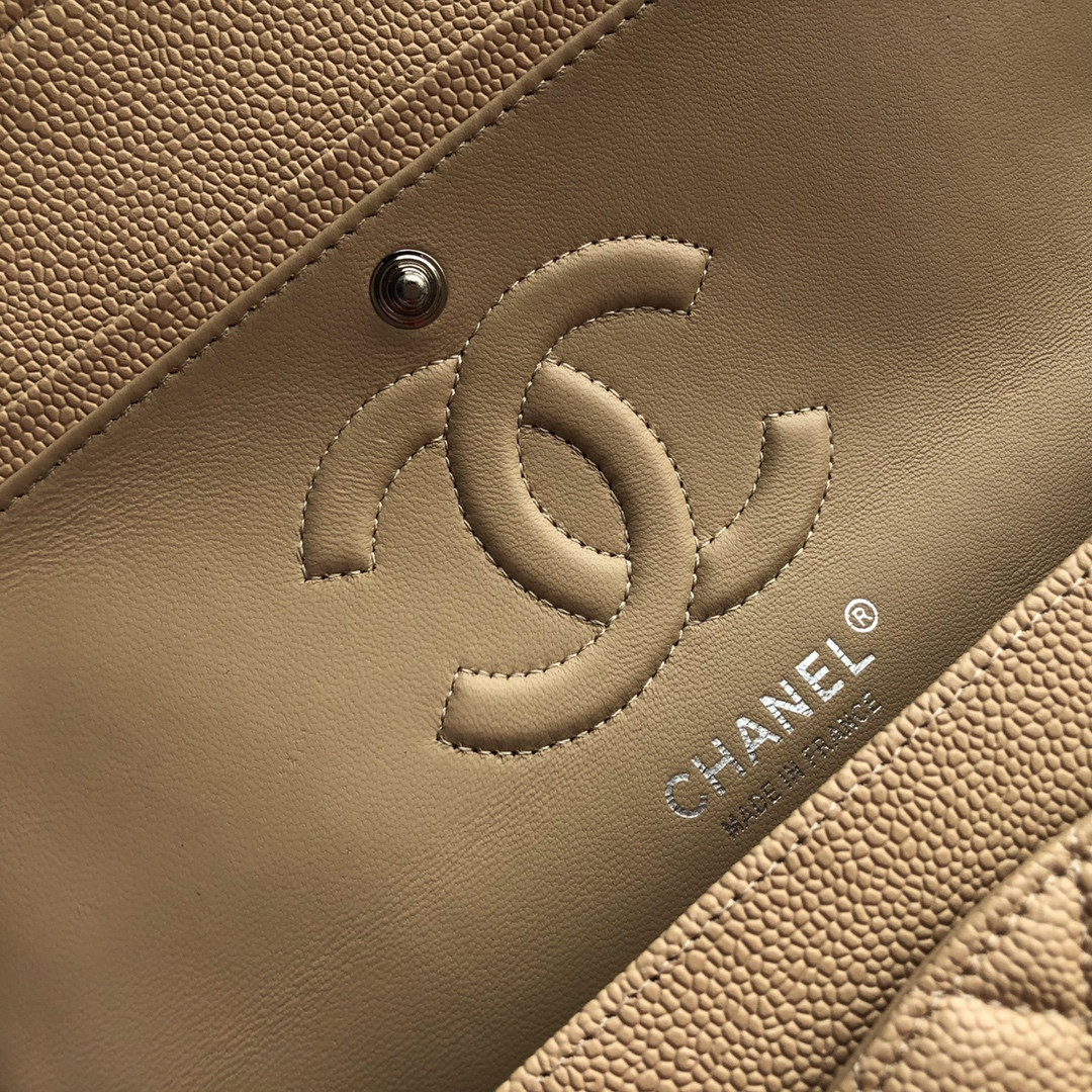 CHANEL CLASSIC HANDBAG GRAINED CALFSKIN & SILVER-TONE METAL COFFEE 6 × 9.9 × 2.5 in