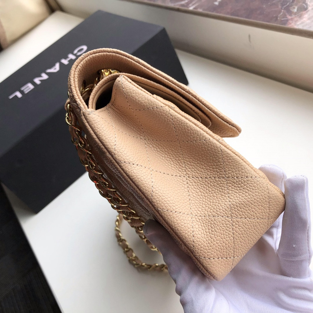 CHANEL CLASSIC HANDBAG GRAINED CALFSKIN & Gold-TONE METAL COFFEE 6 × 9.9 × 2.5 in