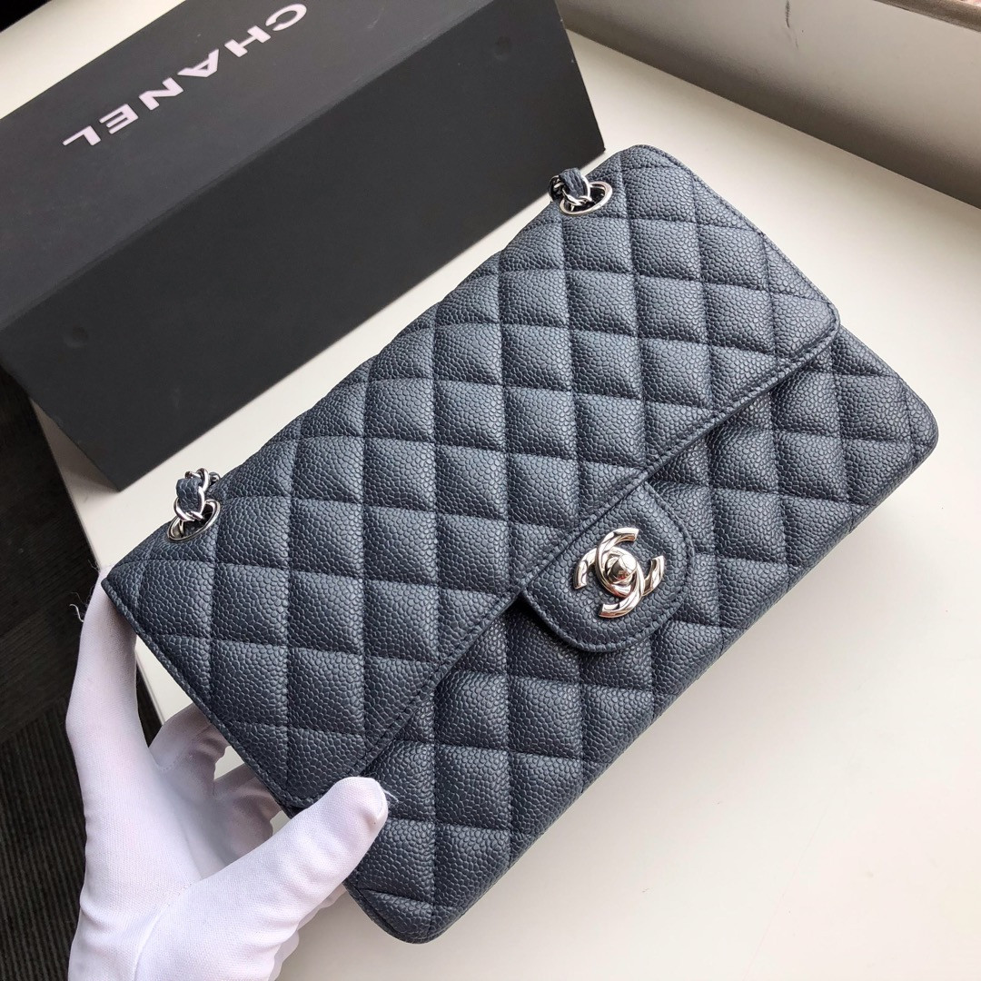 CHANEL CLASSIC HANDBAG GRAINED CALFSKIN & SILVER-TONE METAL NAVY 6 × 9.9 × 2.5 in