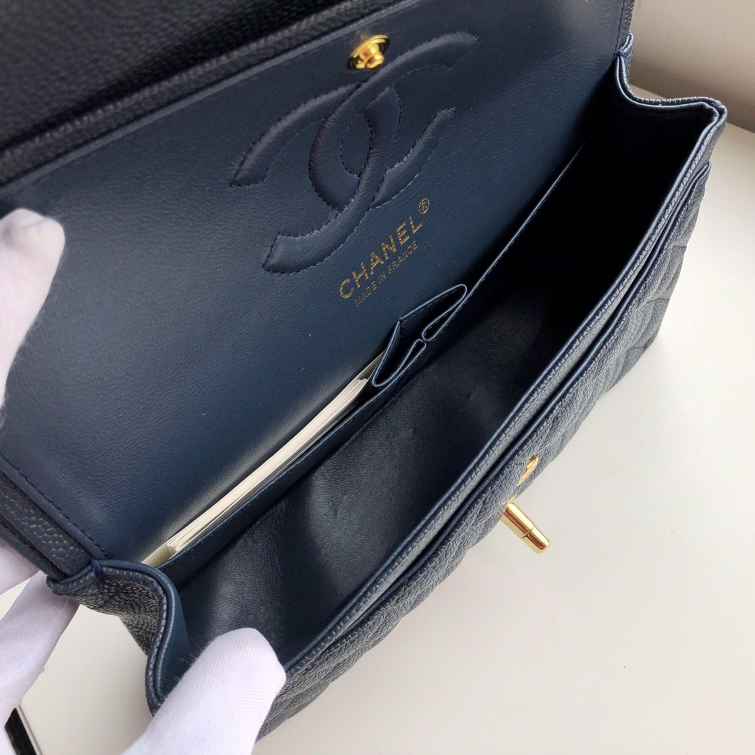 CHANEL CLASSIC HANDBAG GRAINED CALFSKIN & GOLD-TONE METAL NAVY 6 × 9.9 × 2.5 in