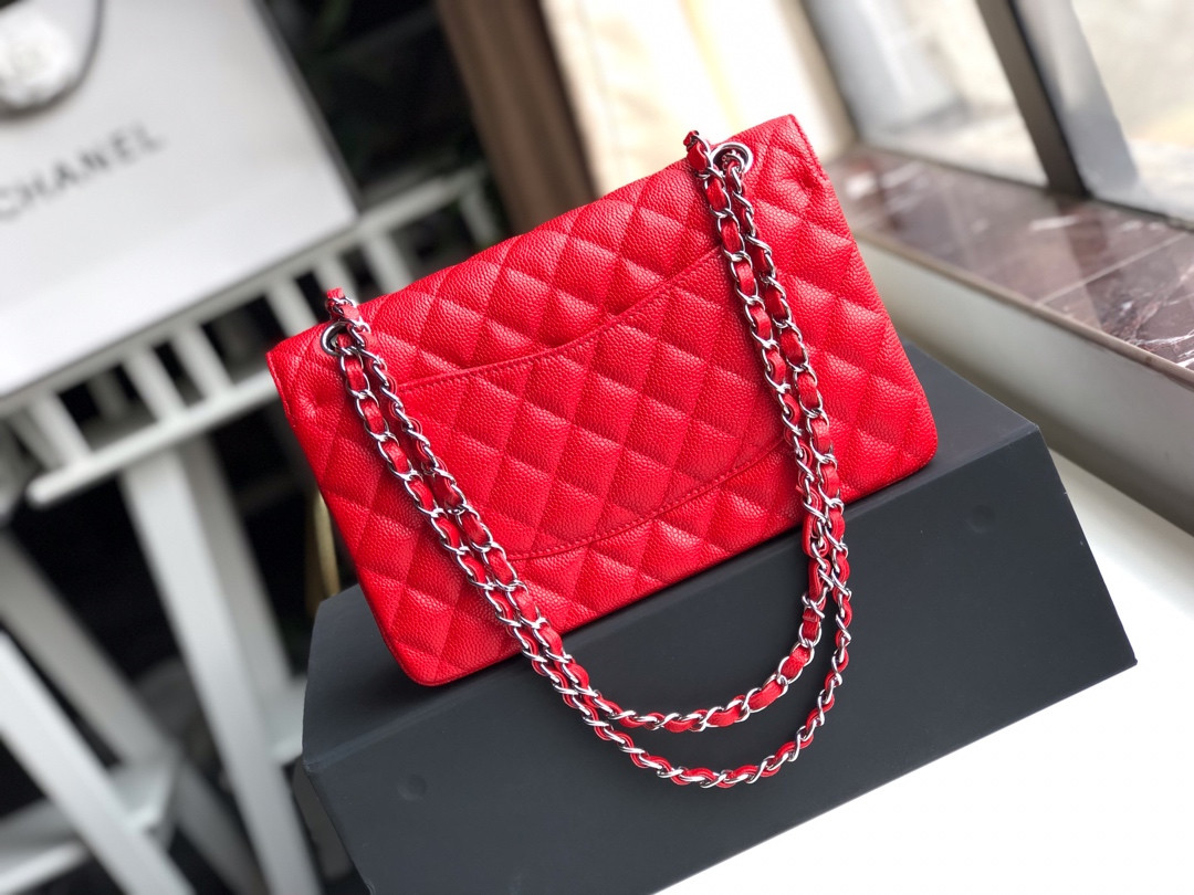 CHANEL CLASSIC HANDBAG GRAINED CALFSKIN & SILVER-TONE METAL SHINY red 6 × 9.9 × 2.5 in