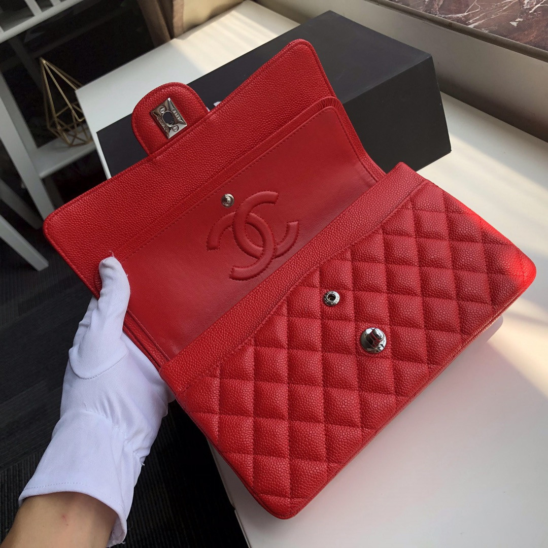 CHANEL CLASSIC HANDBAG GRAINED CALFSKIN & SILVER-TONE METAL SHINY red 6 × 9.9 × 2.5 in