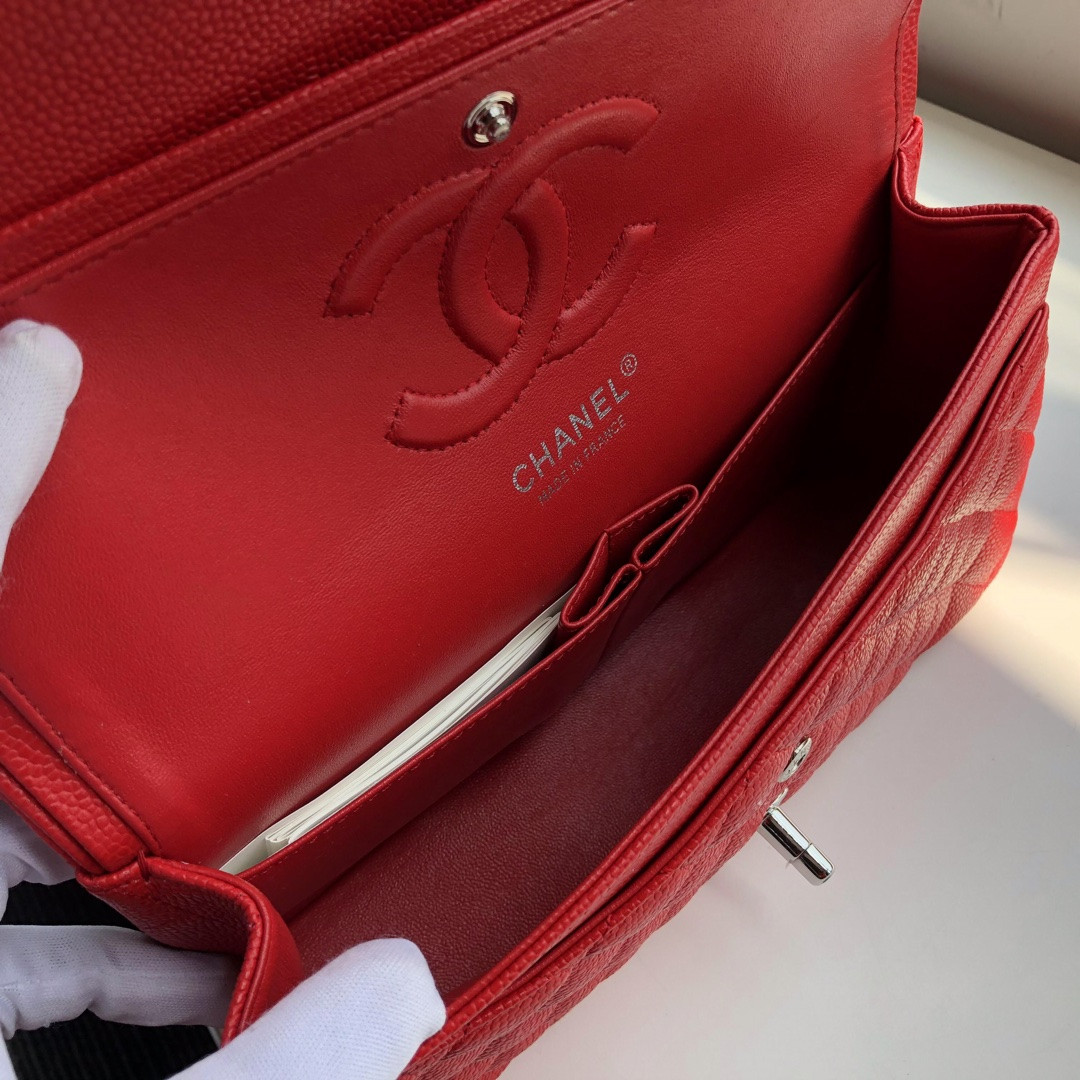 CHANEL CLASSIC HANDBAG GRAINED CALFSKIN & SILVER-TONE METAL SHINY red 6 × 9.9 × 2.5 in