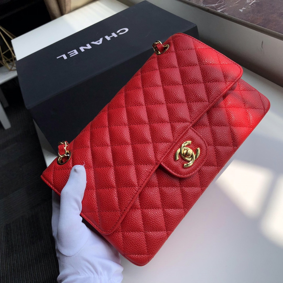 CHANEL CLASSIC HANDBAG GRAINED CALFSKIN & gold-TONE METAL SHINY red 6 × 9.9 × 2.5 in