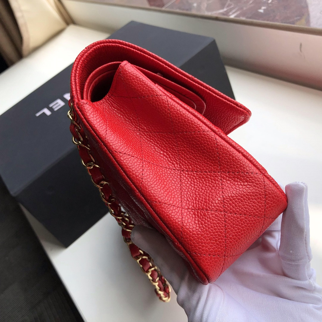 CHANEL CLASSIC HANDBAG GRAINED CALFSKIN & gold-TONE METAL SHINY red 6 × 9.9 × 2.5 in