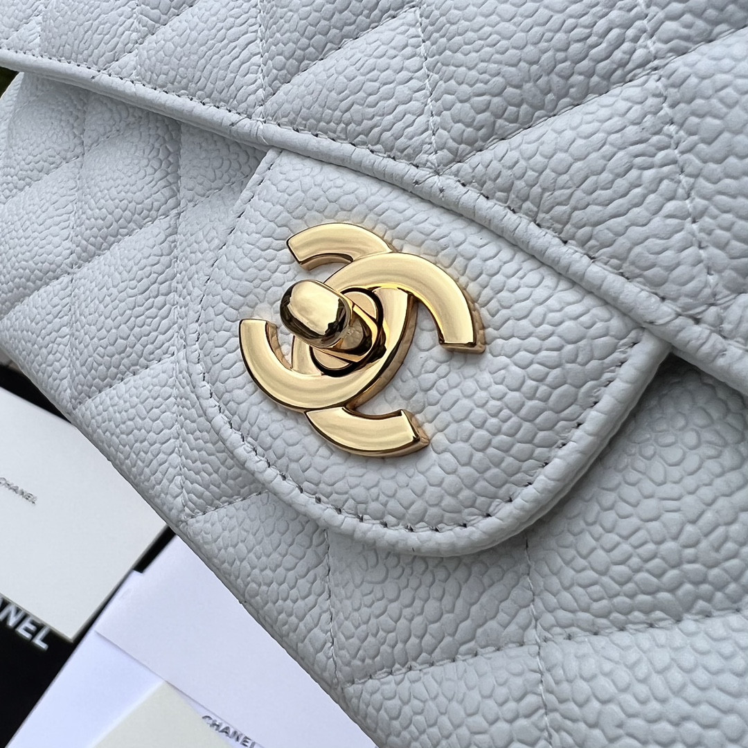 CHANEL CLASSIC HANDBAG GRAINED CALFSKIN & GOLD-TONE METAL WHITE 6 × 9.9 × 2.5 in