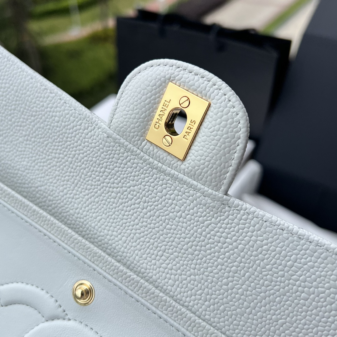 CHANEL CLASSIC HANDBAG GRAINED CALFSKIN & GOLD-TONE METAL WHITE 6 × 9.9 × 2.5 in