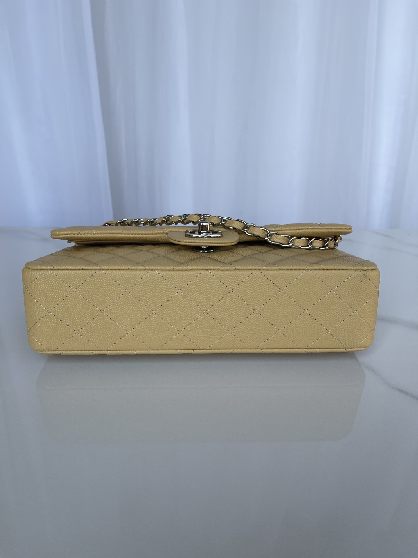 CHANEL CLASSIC HANDBAG GRAINED CALFSKIN & SILVER-TONE METAL YELLOW 6 × 9.9 × 2.5 in