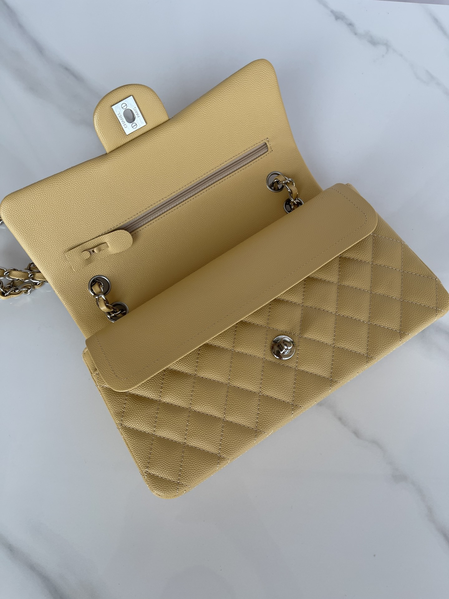 CHANEL CLASSIC HANDBAG GRAINED CALFSKIN & SILVER-TONE METAL YELLOW 6 × 9.9 × 2.5 in