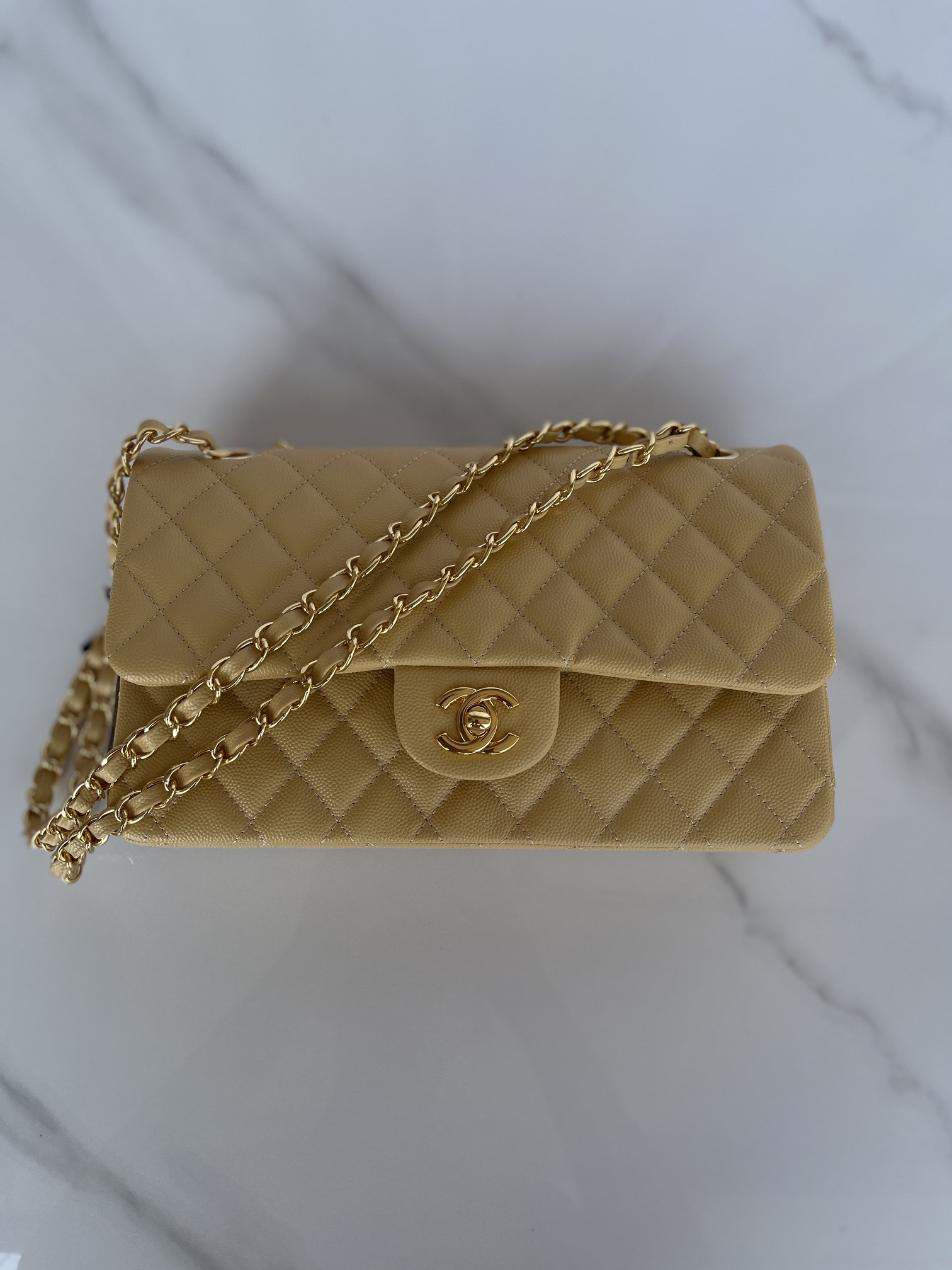 CHANEL CLASSIC HANDBAG GRAINED CALFSKIN & GOLD-TONE METAL YELLOW 6 × 9.9 × 2.5 in