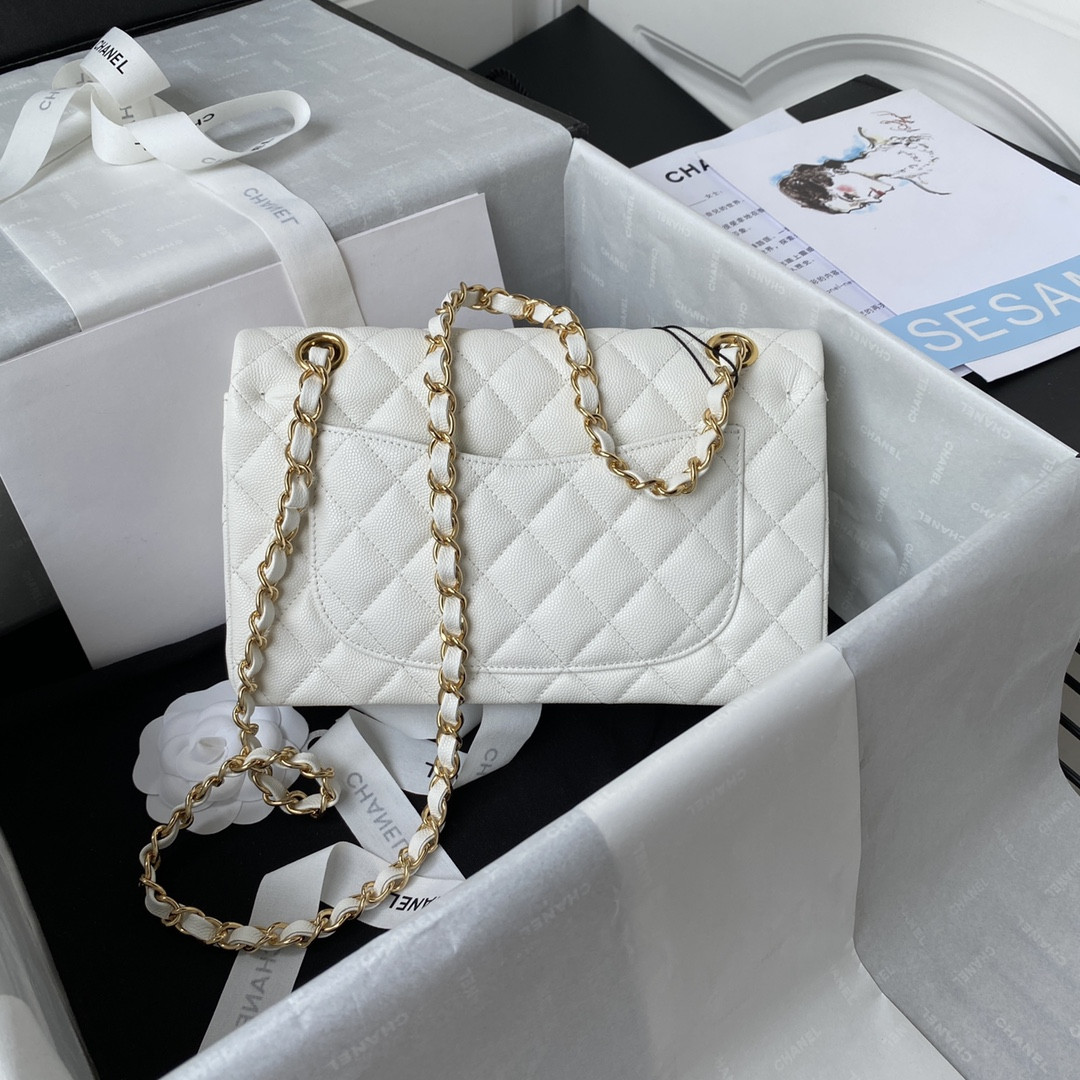 CHANEL SMALL CLASSIC HANDBAG Grained Calfskin & Gold-Tone Metal White 5.7 × 9 × 2.3 in