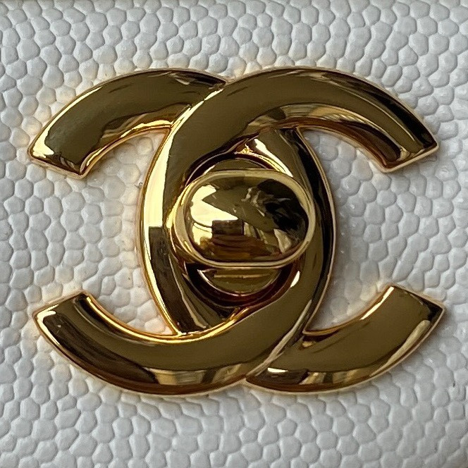 CHANEL SMALL CLASSIC HANDBAG Grained Calfskin & Gold-Tone Metal White 5.7 × 9 × 2.3 in