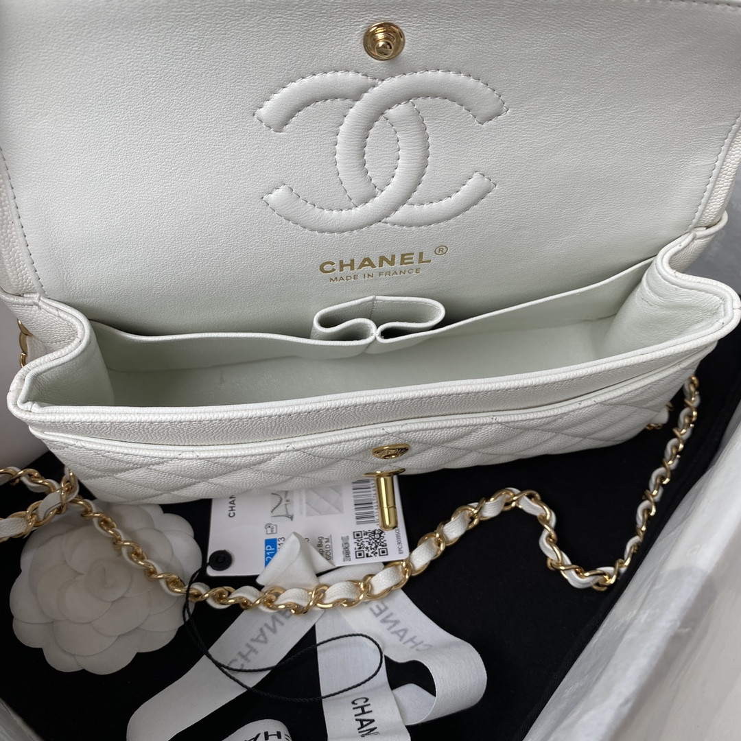 CHANEL SMALL CLASSIC HANDBAG Grained Calfskin & Gold-Tone Metal White 5.7 × 9 × 2.3 in