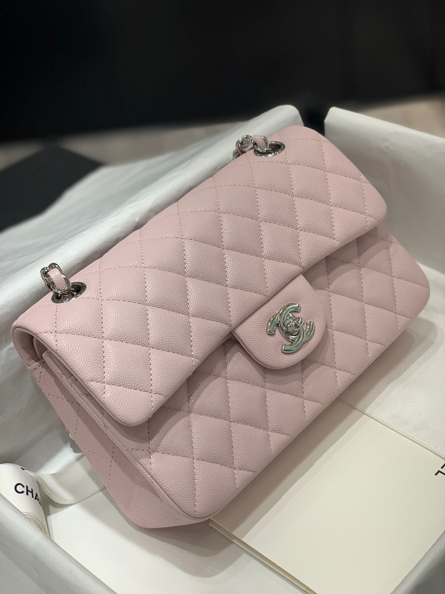 CHANEL CLASSIC HANDBAG Grained Calfskin & Silver-Tone Metal Pink 6 × 9.9 × 2.5 in