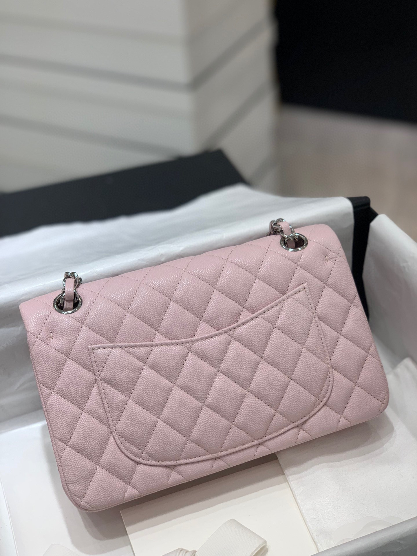 CHANEL CLASSIC HANDBAG Grained Calfskin & Silver-Tone Metal Pink 6 × 9.9 × 2.5 in