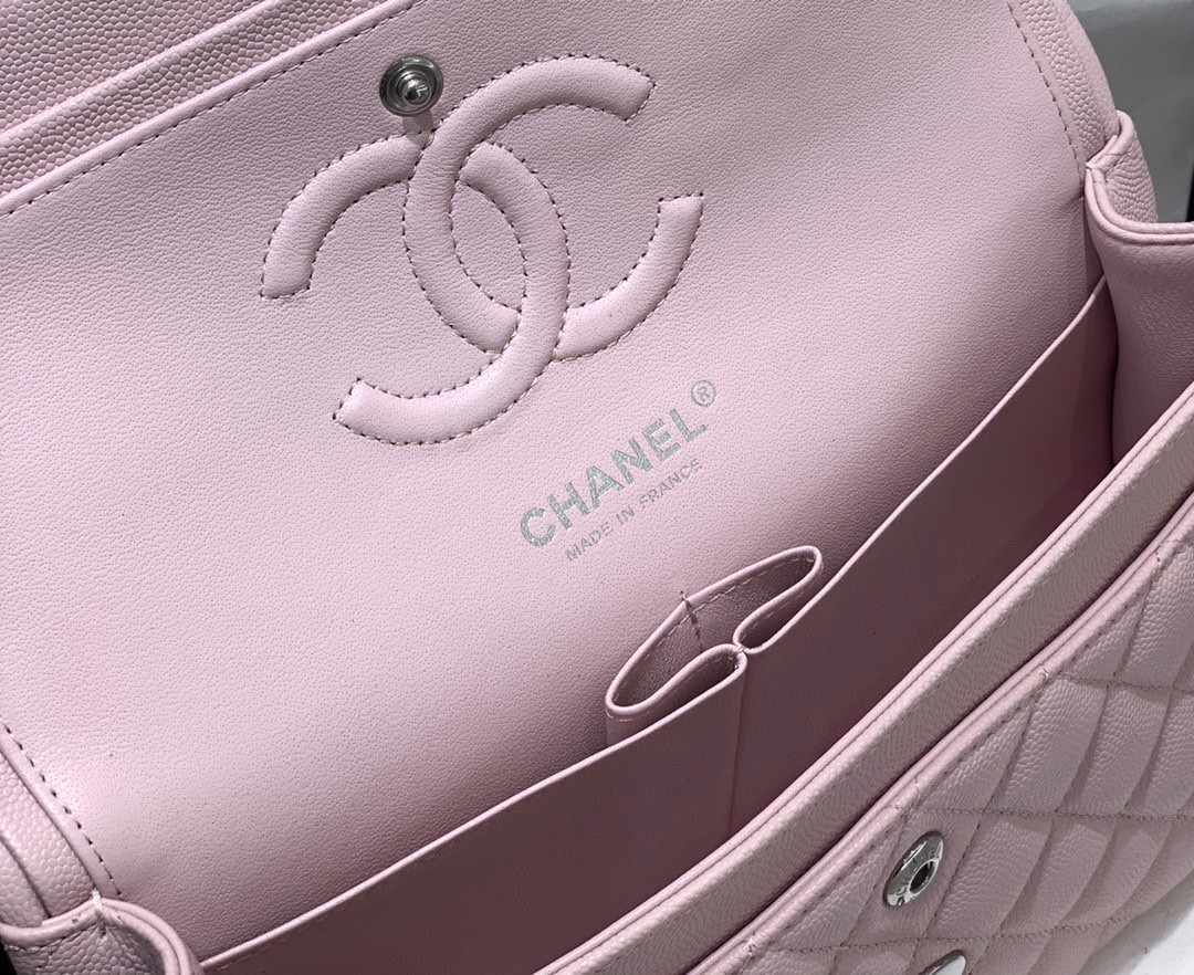 CHANEL CLASSIC HANDBAG Grained Calfskin & Silver-Tone Metal Pink 6 × 9.9 × 2.5 in