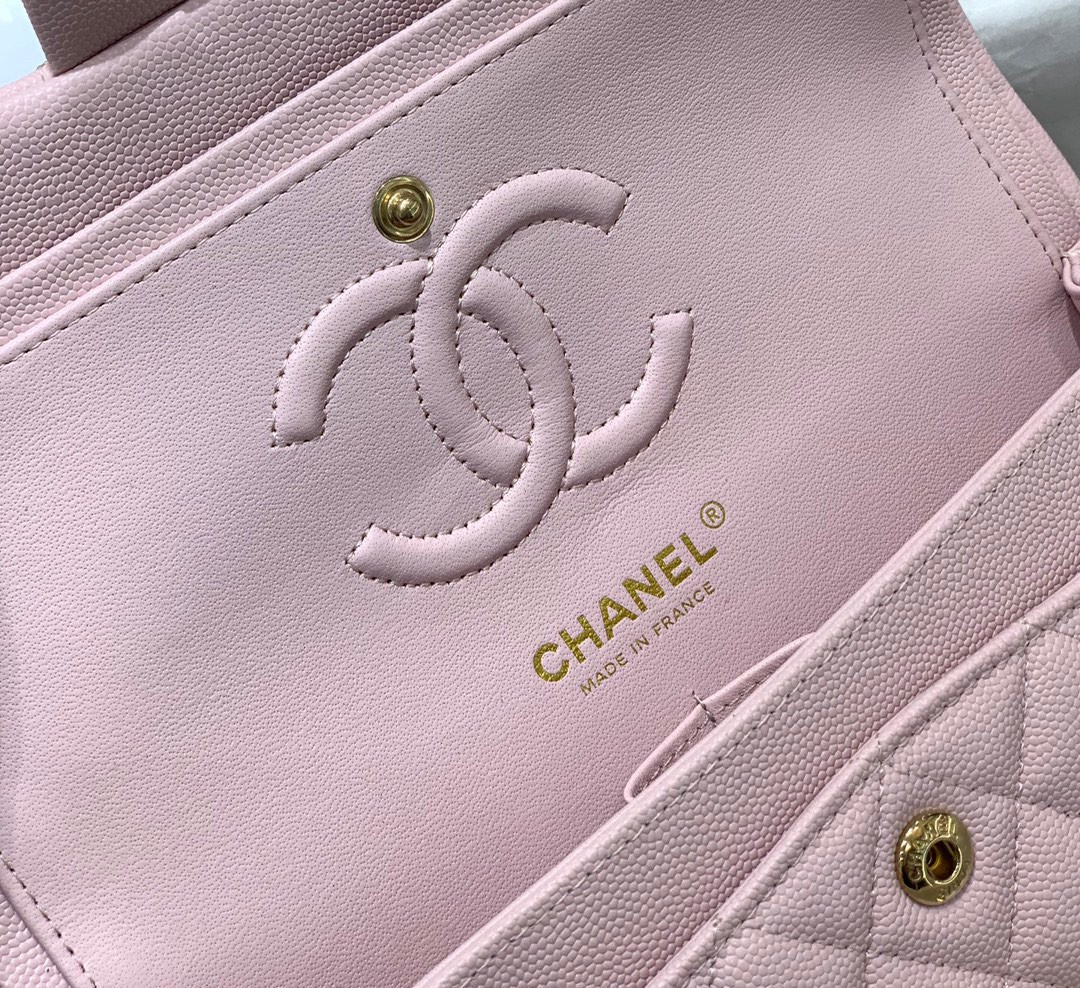 CHANEL CLASSIC HANDBAG GRAINED CALFSKIN & GOLD-TONE METAL LIGHT PINK 6 × 9.9 × 2.5 in