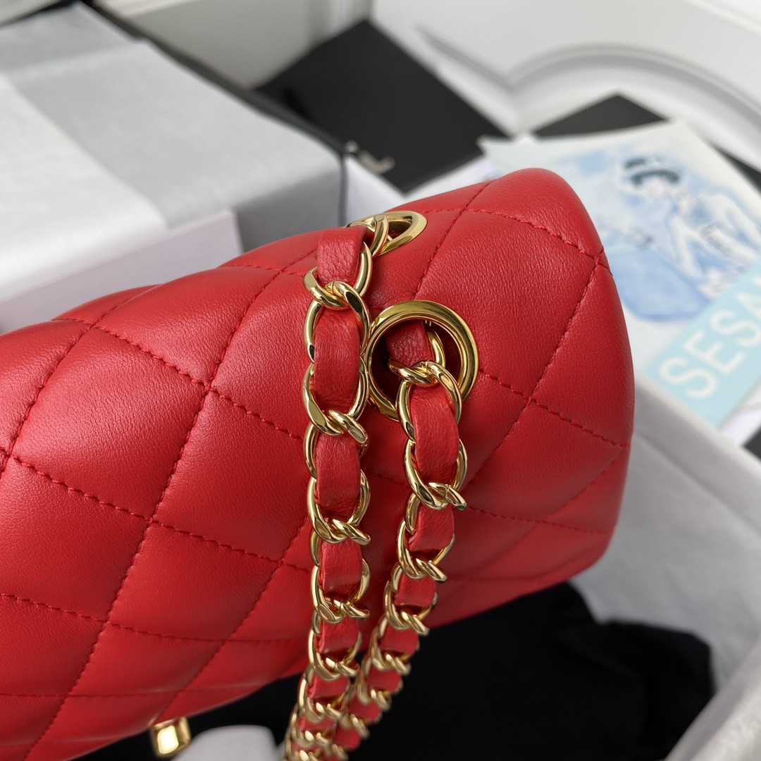 CHANEL SMALL CLASSIC HANDBAG LAMBSKIN & Gold-TONE METAL Red 5.7 × 9 × 2.3 IN