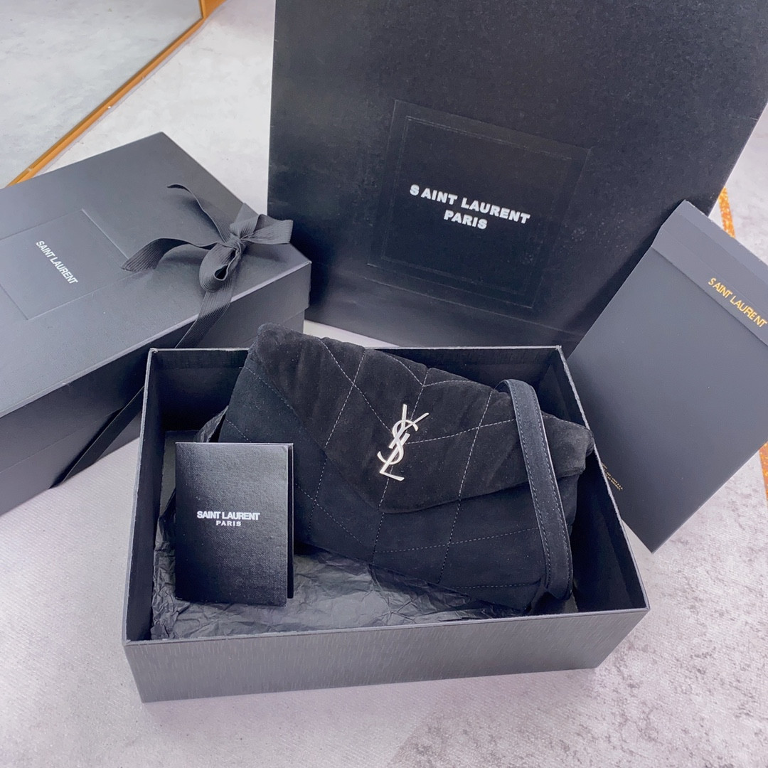 YSL PUFFER IN SUEDE BLACK 23 X 15.5 X 5.8 CM