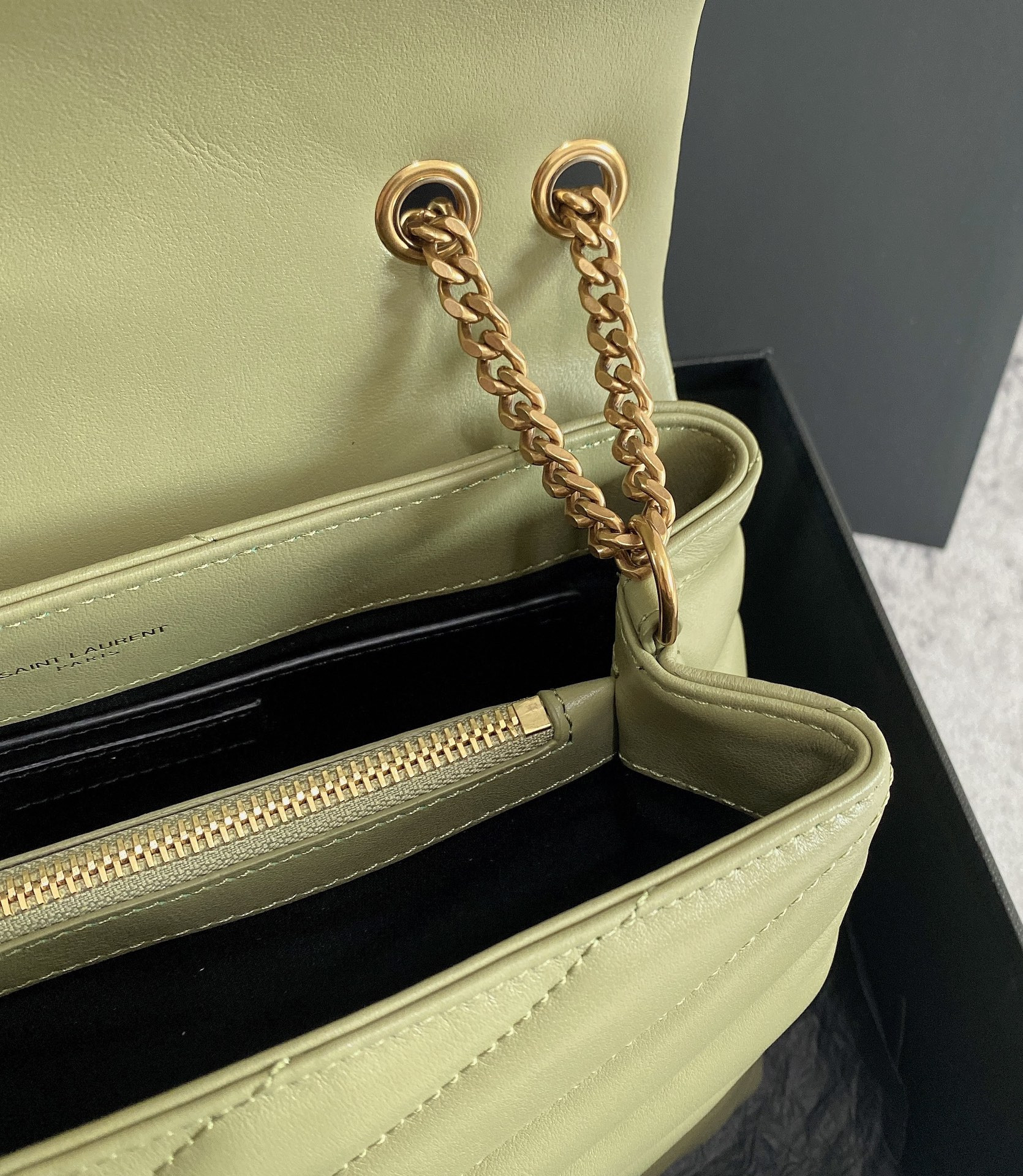 YSL LOULOU SMALL IN QUILTED LEATHER GREEN 9 X 6.1 X 3.3 INCHES