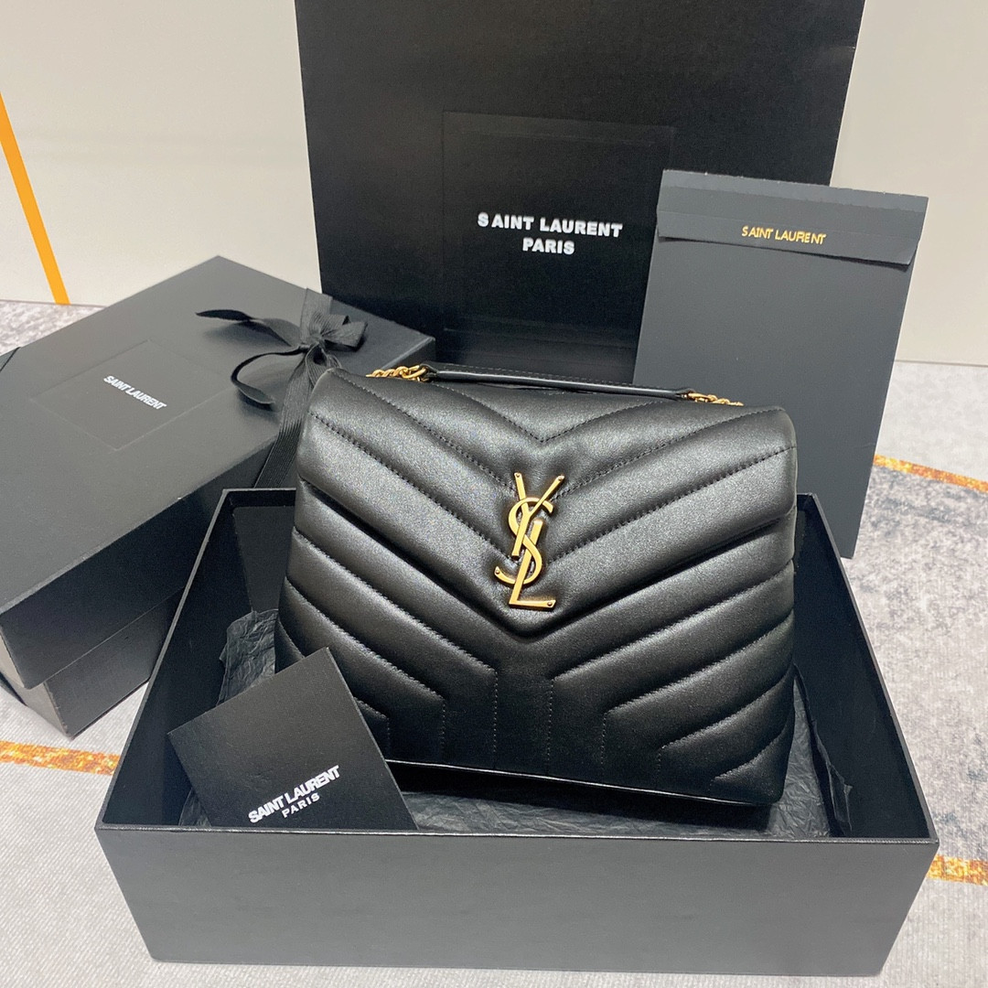 YSL LOULOU SMALL IN QUILTED LEATHER BLACK GOLD 9 X 6.1 X 3.3 INCHES