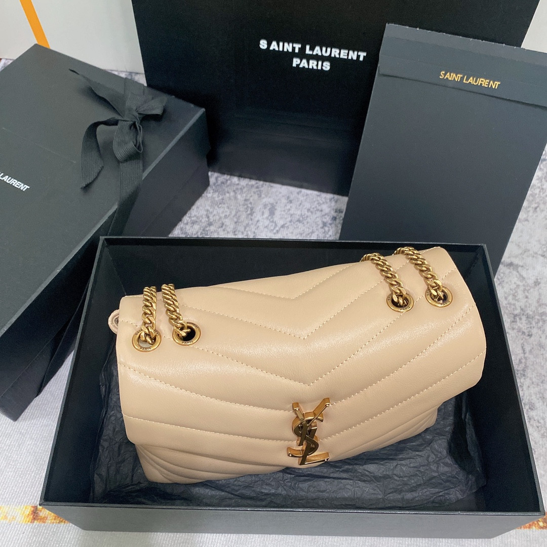 YSL LOULOU SMALL IN QUILTED LEATHER light beige 9 X 6.1 X 3.3 INCHES