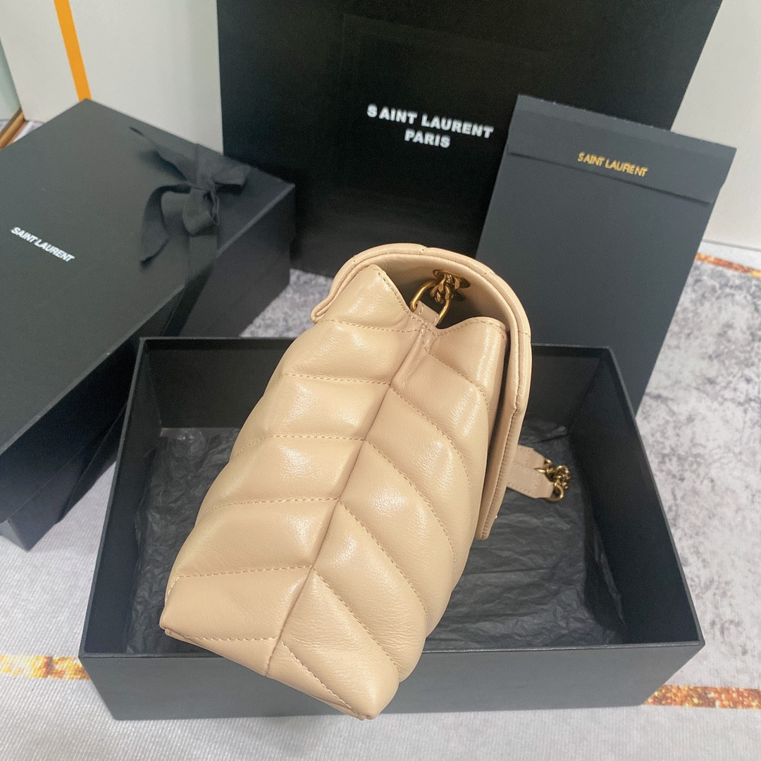 YSL LOULOU SMALL IN QUILTED LEATHER light beige 9 X 6.1 X 3.3 INCHES