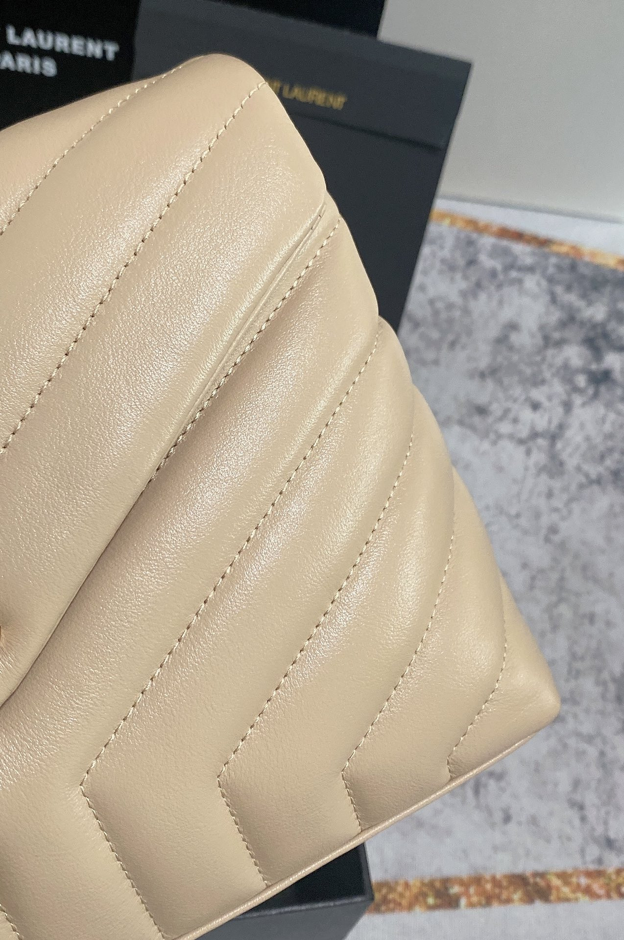 YSL LOULOU SMALL IN QUILTED LEATHER light beige 9 X 6.1 X 3.3 INCHES