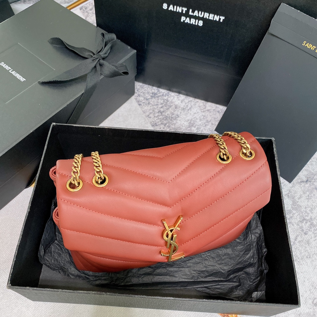 YSL LOULOU SMALL IN QUILTED LEATHER RED GOLD 9 X 6.1 X 3.3 INCHES