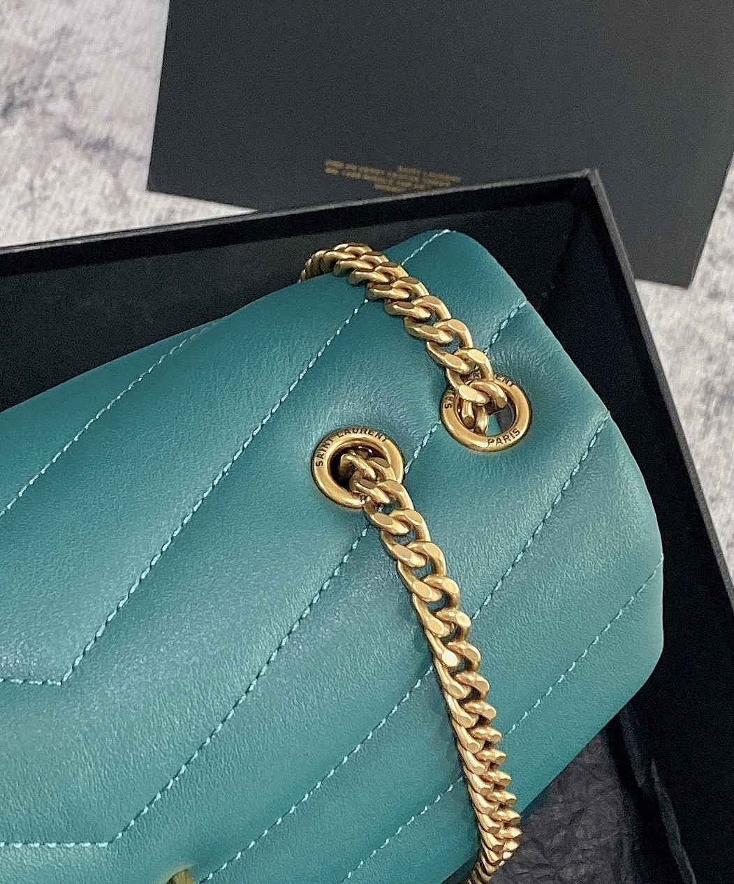 YSL LOULOU SMALL IN QUILTED LEATHER BLUE GOLD 9 X 6.1 X 3.3 INCHES