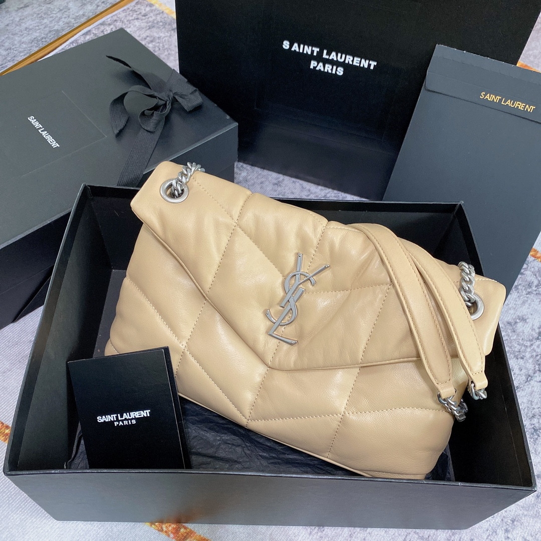 YSL PUFFER SMALL IN NAPPA LEATHER BEIGE SILVER 11.4 X 6.6 X 4.3 INCHES