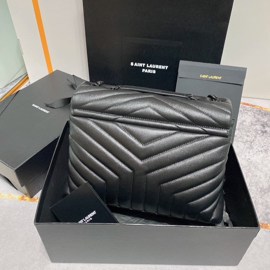 YSL LOULOU MEDIUM IN QUILTED LEATHER ALL BLACK 12.5 X 8.6 X 3.5 INCHES