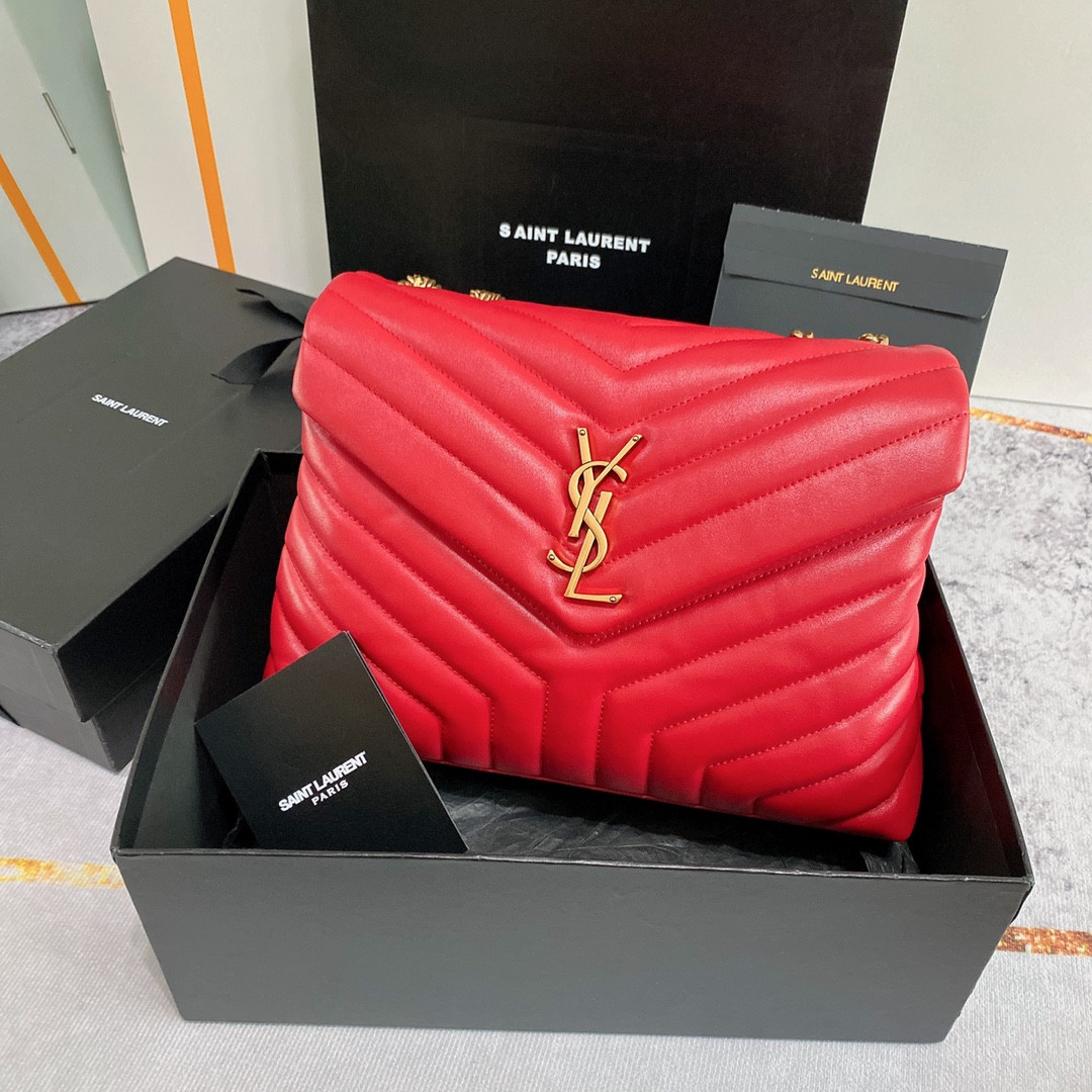 YSL LOULOU MEDIUM IN QUILTED LEATHER RED 12.5 X 8.6 X 3.5 INCHES
