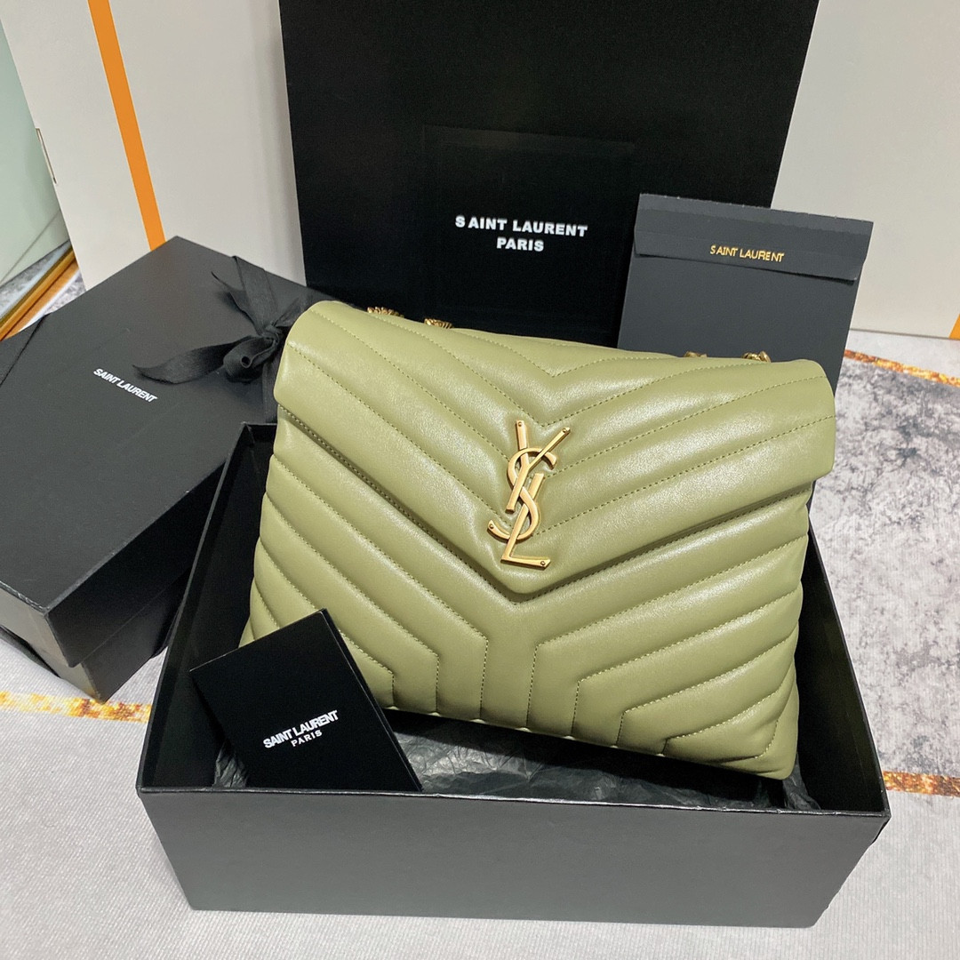 YSL LOULOU MEDIUM IN QUILTED LEATHER GREEN 12.5 X 8.6 X 3.5 INCHES