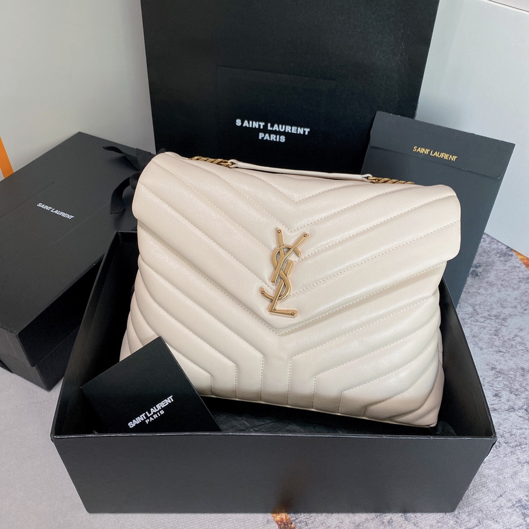 YSL LOULOU MEDIUM IN QUILTED LEATHER BLANC VINTAGE 12.5 X 8.6 X 3.5 INCHES