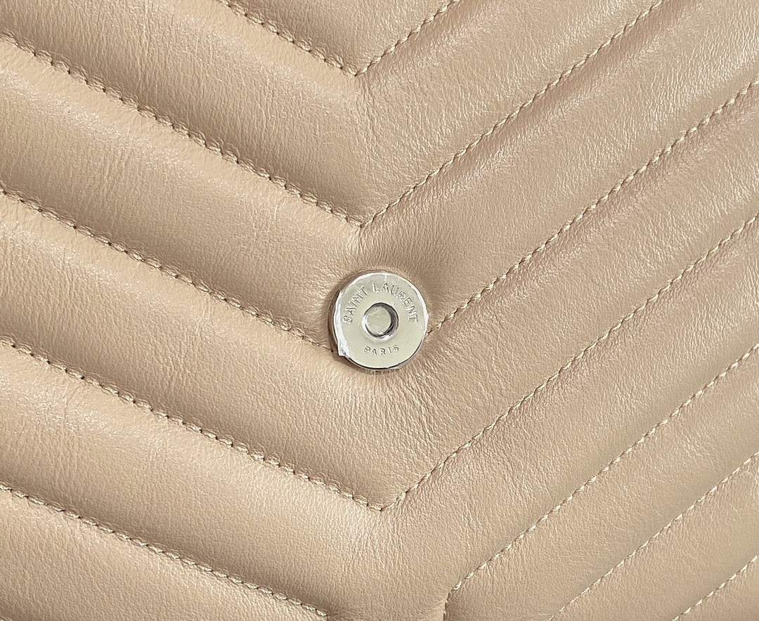 YSL LOULOU MEDIUM IN QUILTED LEATHER DARK BEIGE SILVER 12.5 X 8.6 X 3.5 INCHES