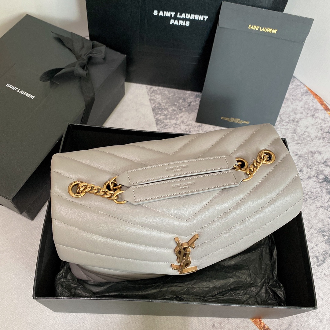 YSL LOULOU MEDIUM IN QUILTED LEATHER GREYISH BROWN 12.5 X 8.6 X 3.5 INCHES