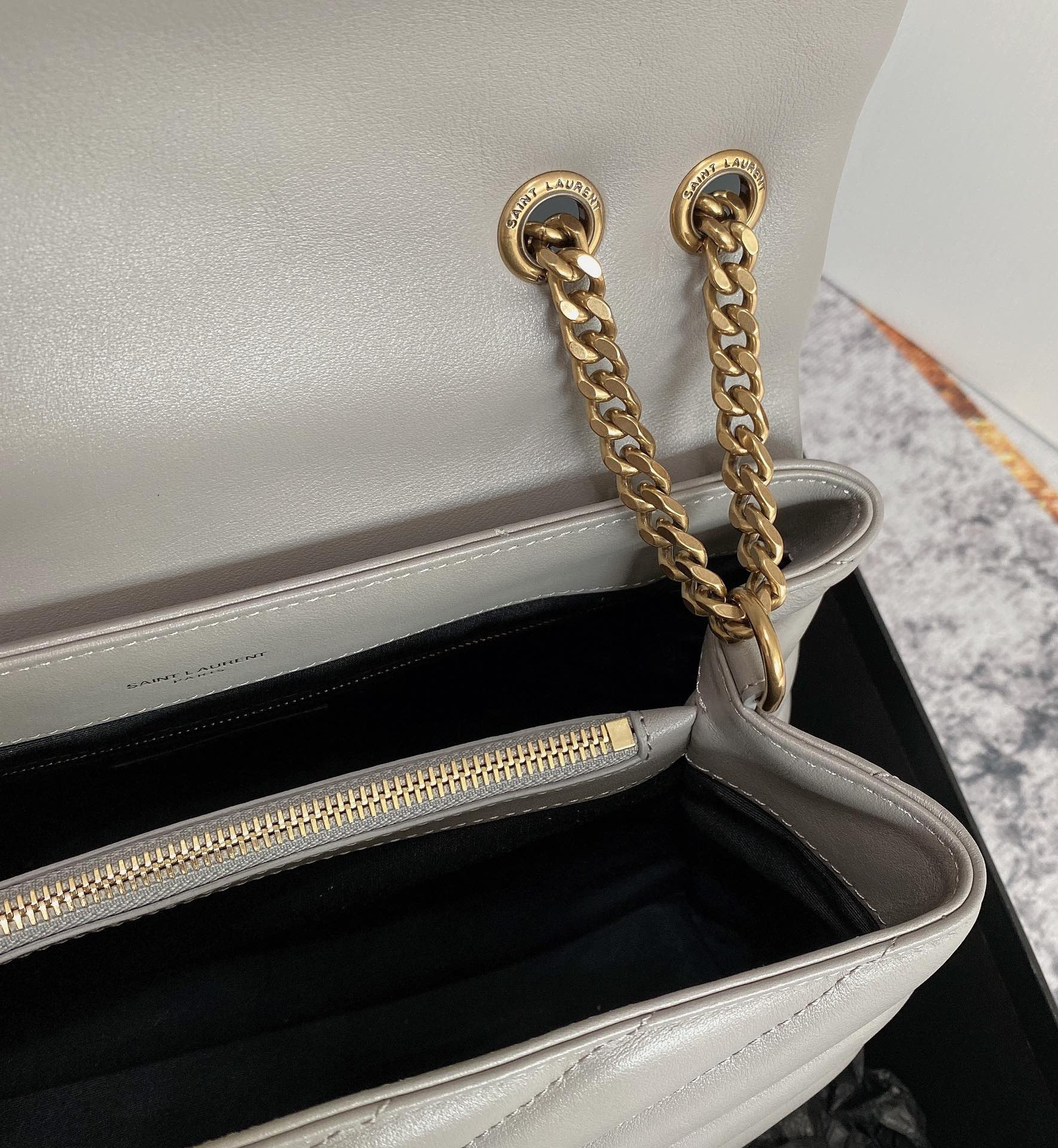 YSL LOULOU MEDIUM IN QUILTED LEATHER GREYISH BROWN 12.5 X 8.6 X 3.5 INCHES