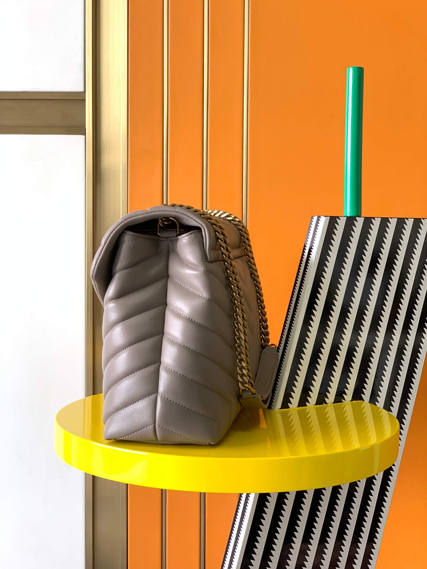 YSL LOULOU MEDIUM IN QUILTED LEATHER GRAY 12.5 X 8.6 X 3.5 INCHES