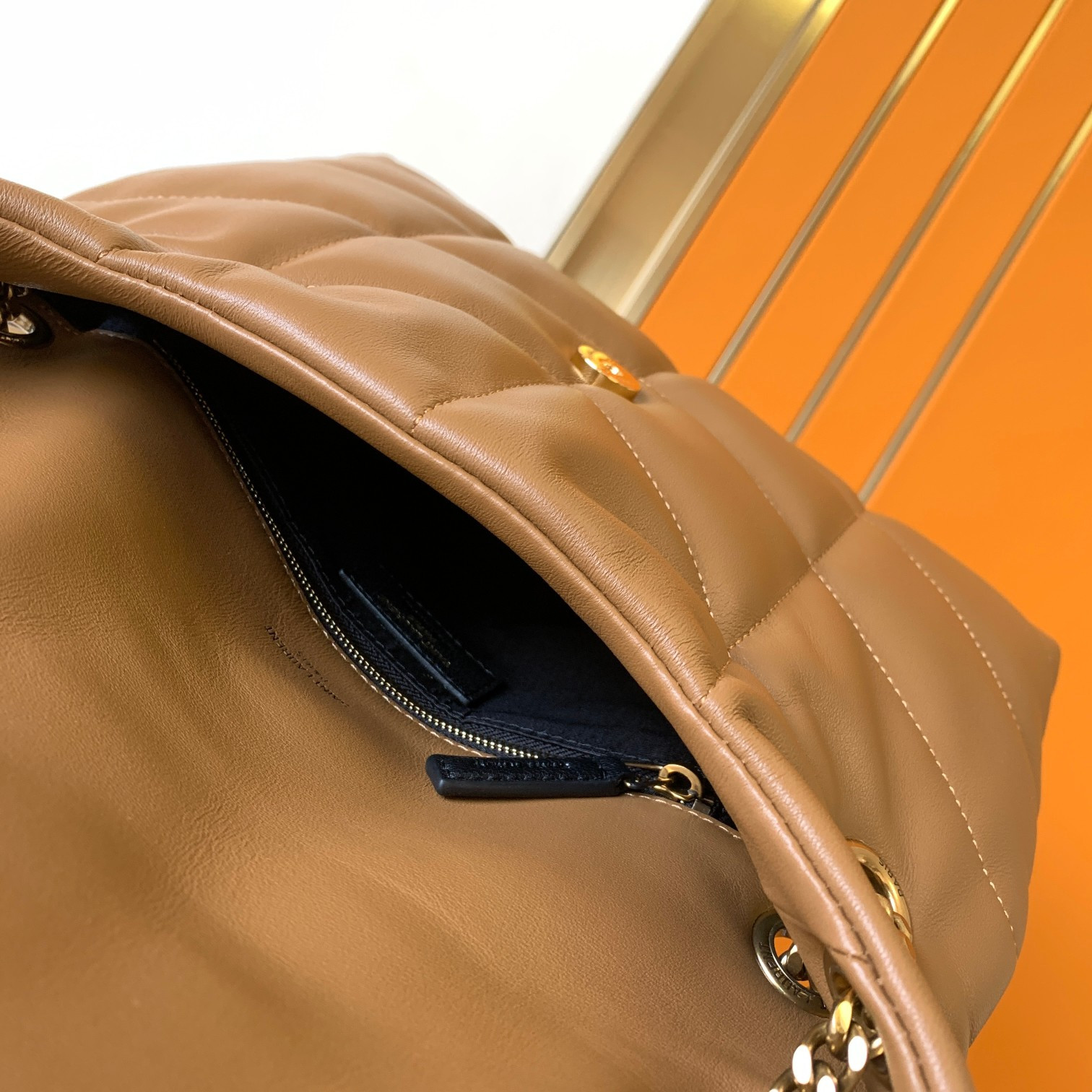 YSL PUFFER SMALL IN NAPPA LEATHER BROWN 11.4 X 6.6 X 4.3 INCHES