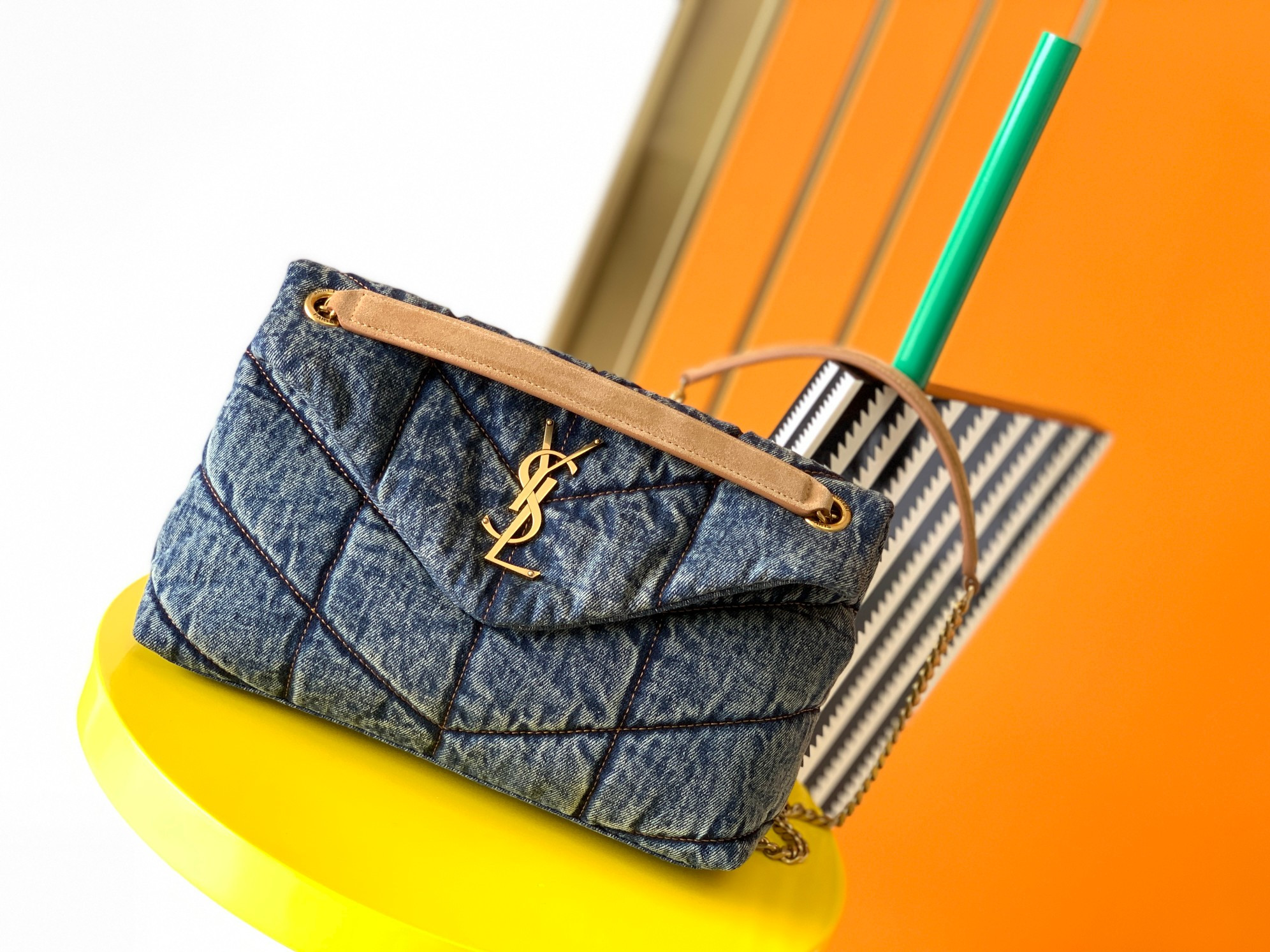 YSL PUFFER SMALL IN SUEDE AND DENIM RODEO BLUE 11.4 X 6.6 X 4.3 INCHES