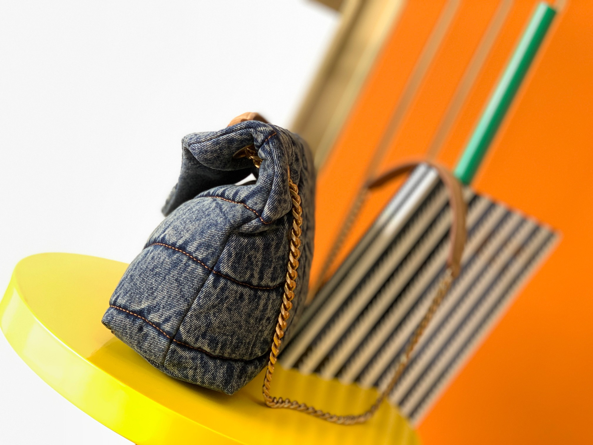 YSL PUFFER SMALL IN SUEDE AND DENIM RODEO BLUE 11.4 X 6.6 X 4.3 INCHES